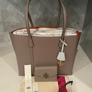Tory Burch Perry Tote with Kira Med Flap Wallet in Gray Heron